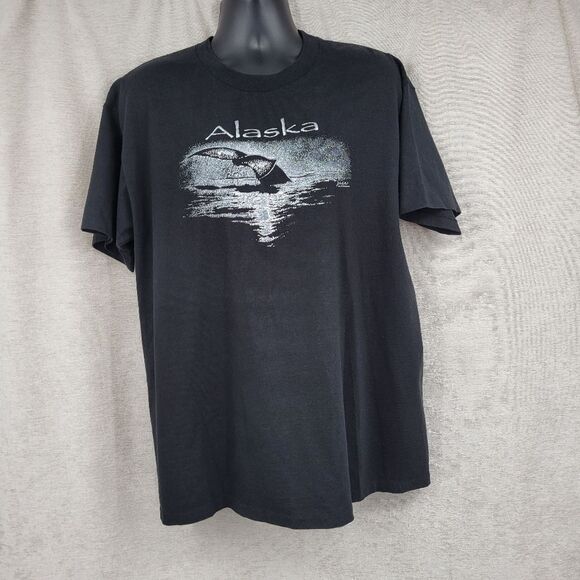 Vintage Alaska Graphic Men's Black T-Shirt Metallic Ocean Graphics Single Stitch - Picture 1 of 9